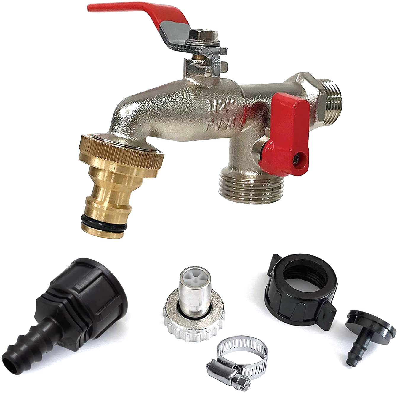 Aqua Control Garden Tap Double Outlet 1/2-3/4 + Bonus Pack with Connector to Hose + Adapter to 12 and 16 mm Drip Pipe + 4 mm Micro Tube Adapter