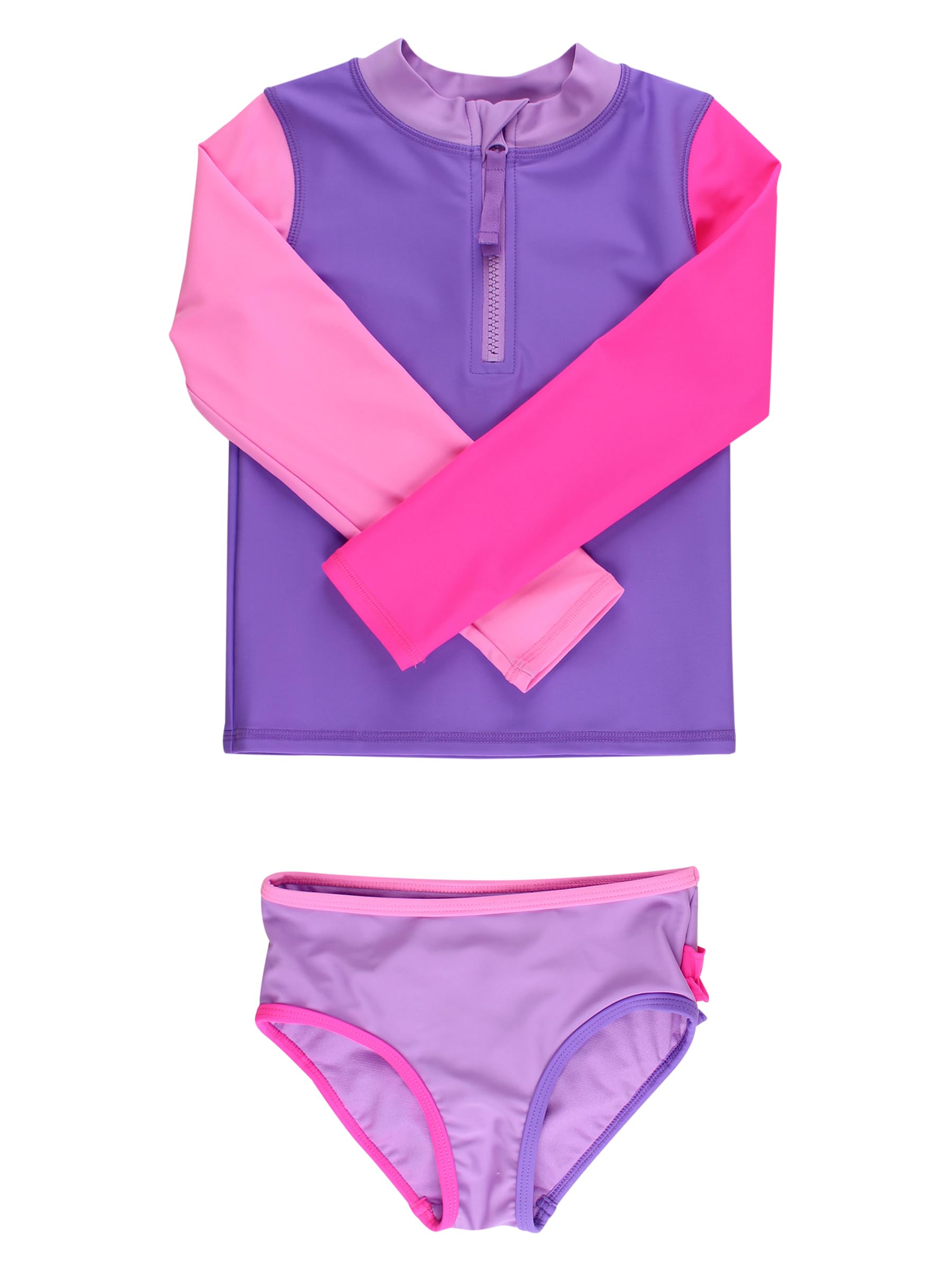 RuffleButts Baby/Toddler Girls Long Sleeve Rash Guard 2 Piece Swimsuit Set w/UPF 50+ Sun Protection with Zipper - Neon Purple Color Block, 6 Image