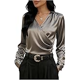 SweatyRocks Women's Long Sleeve Satin Blouses Wrap V Neck Top Elegant Ruched Business Work Shirt