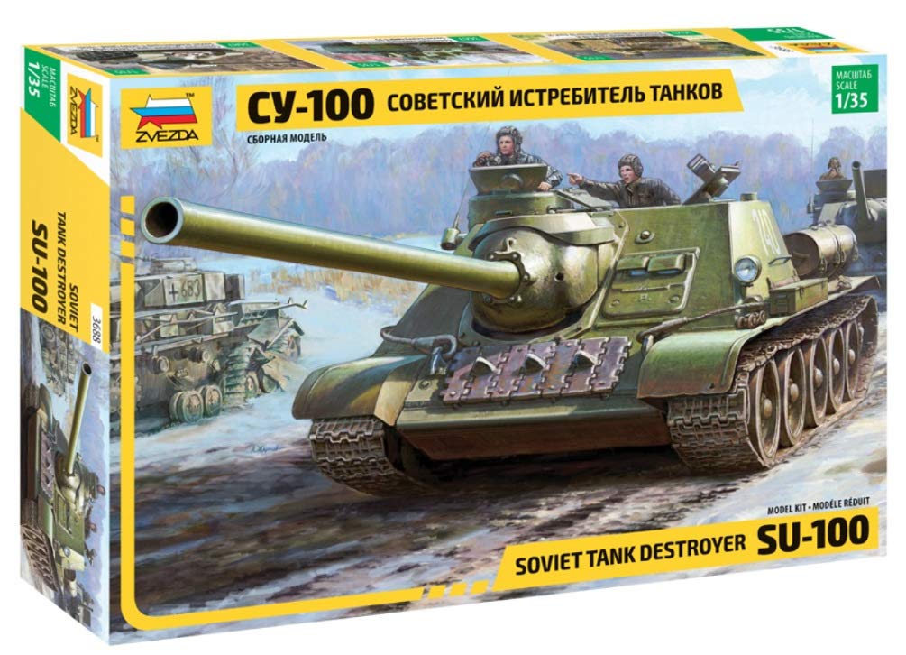 Zvezda 500783688-1:35 SU-100 Soviet Tank Destroyer WWII, Model Building Kit, Standing Model Building, Hobby, Crafts, Plastic Kit, Unpainted, 11 Inch