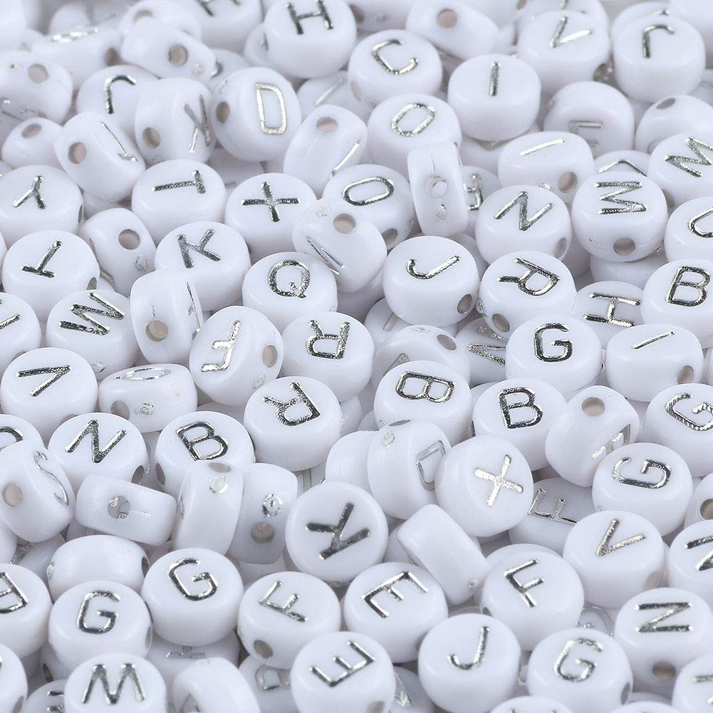 Photo 1 of Song Xi 1200pcs Silver Letter Beads Bracelets White Round Acrylic Alphabet Beads 4x7mm White and Silver Letter Beads for Jewelry Making Crafts Christmas DIY Gift for Adul