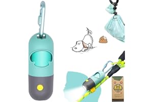 YUCHIYA Dog Poop Bag Holder Dispenser with LED Flashlight - Night Visibility for Safe Evening Walks | Upgraded Hands-Free Leash Clip | Includes 15 Dog Waste Bags(Crystal Blue)