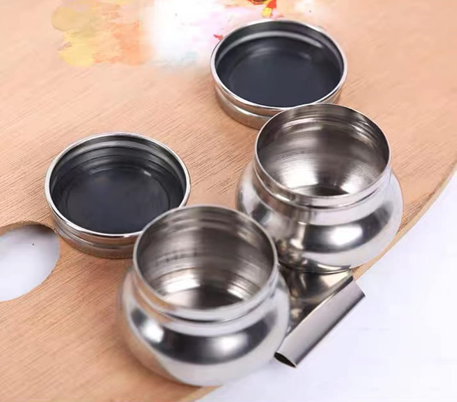 Stainless Steel Palette Cup, Artists Oil Can Oil Painting Pot Portable Wash Pen Holder Artist Palette Clip Cup Container Large Mouth Double Dipper with Lid For Watercolor Acrylic Oil Painting