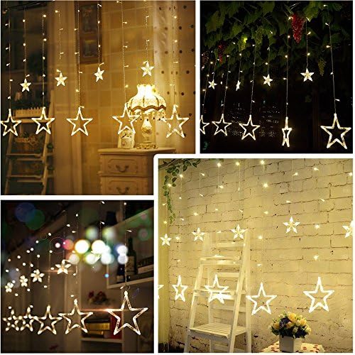 Star Fairy Curtain Light,2M Starry Window String Lights with 12 Stars 138 Leds and 8 Flashing Modes Power Plug Connectable Waterproof IP65 for Home Christmas Wedding Party Patio Lawn Garden Decor (Warm White)