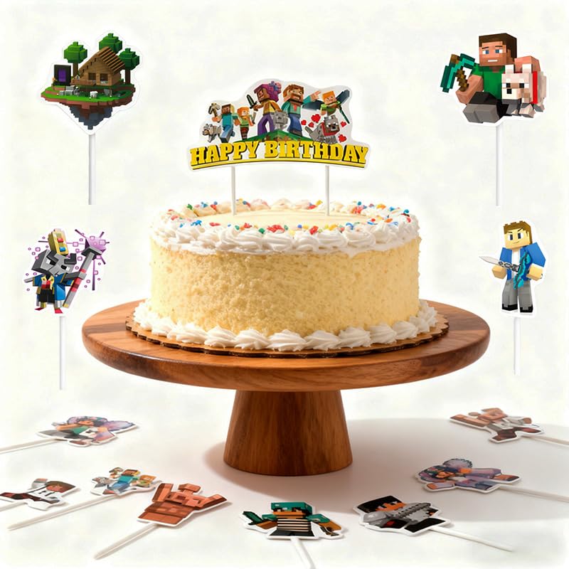 Photo 1 of 13 Pcs Game Cartoon Happy Birthday Cake Toppers, Pixel Theme Cake Decorations, Perfect for birthday parties, themed celebrations, gaming events, holiday festivities, graduation parties, and more.