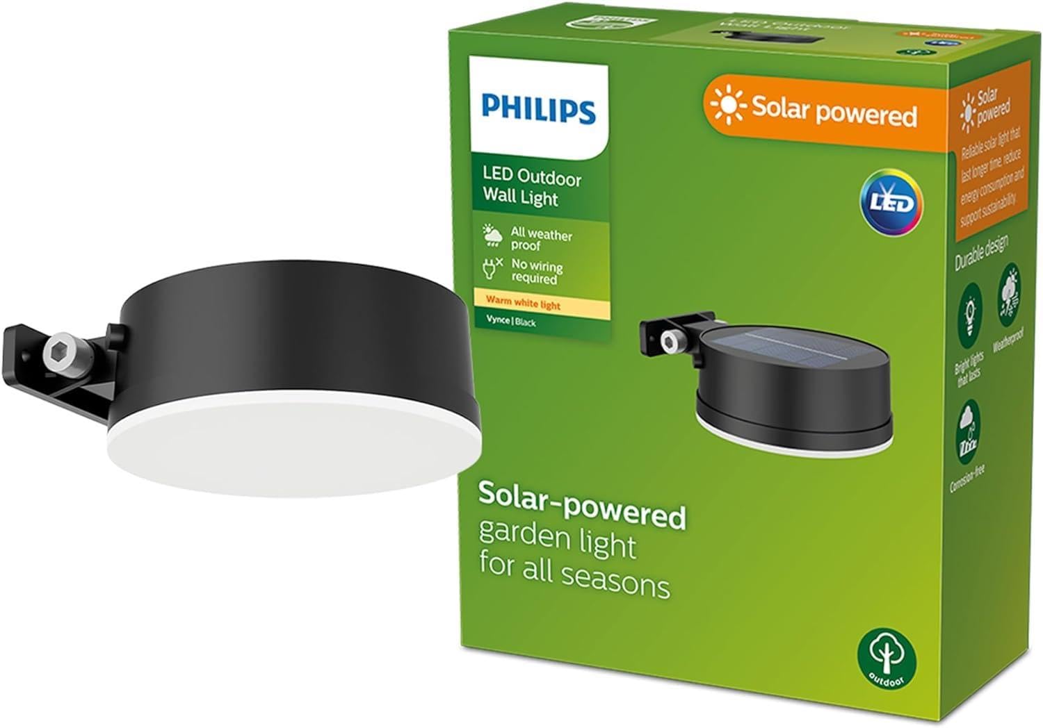 Philips Lighting Vynce Outdoor Solar Path Light, Round, 1.5W, 2700K, Black, IP44 Weatherproof