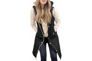 Flovey Womens Long Vest Black Long Puffer Vest Coat Hooded Sleeveless Pockets Quilted Vest Outdoor Jacket