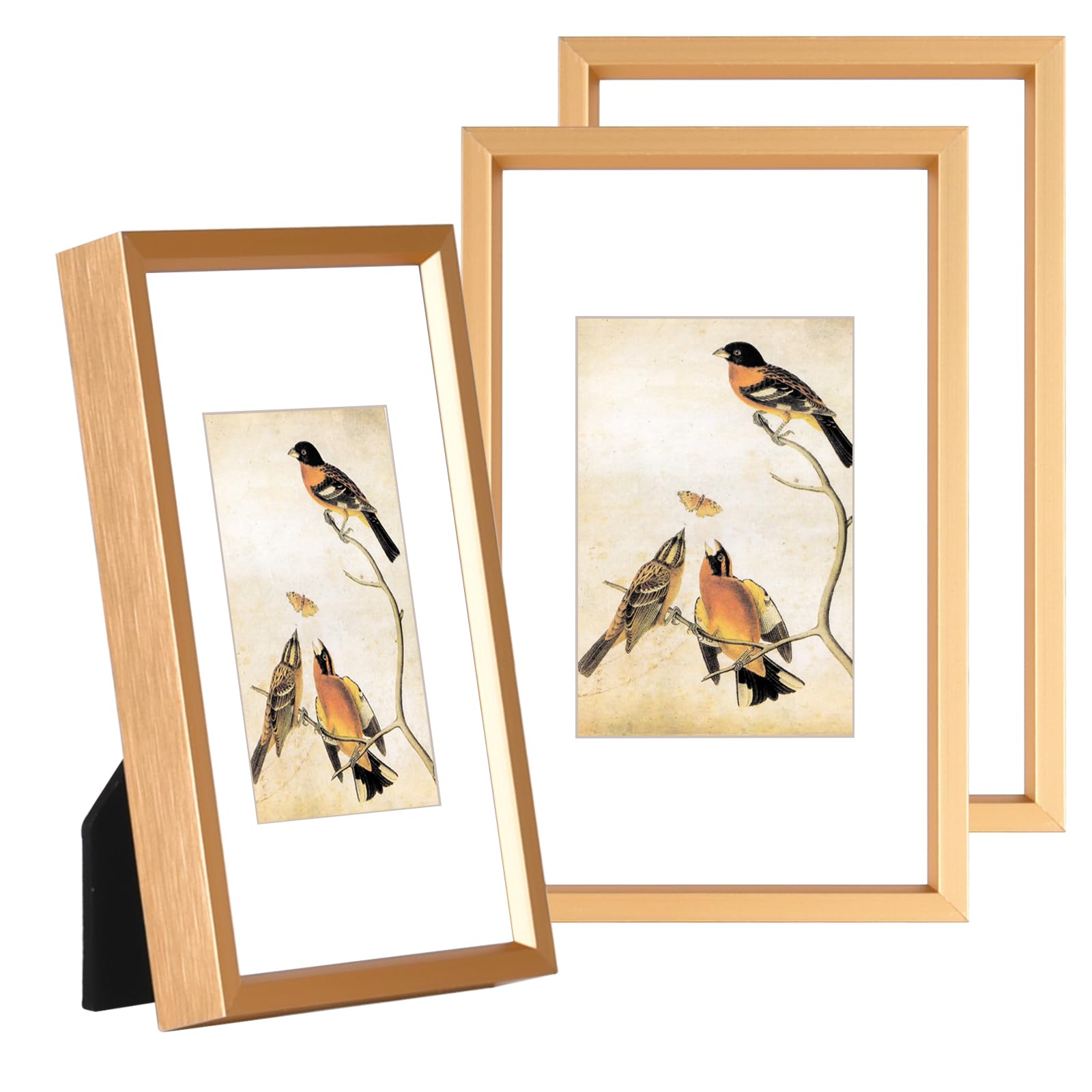 Photo 1 of 3x5 Picture Frame Set of 3, Gold Aluminum Metal Photo Frames with HD Glass, Fits 2x3 with Mat or 3 x 5 without Mat, Display for Wall and Table