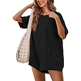 Ahtyeo Rompers for Women Casual Summer Short Sleeve Athletic Jumpsuits Oversized Back V Neck Onesie Tee Romper with Pockets