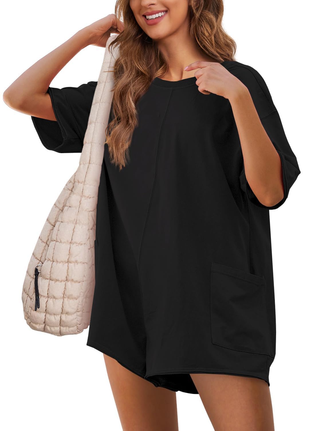 Photo 1 of Ahtyeo Rompers for Women Casual Summer Short Sleeve Athletic Jumpsuits with Pockets Oversized Back V Neck Onesie Black Tee Romper Medium