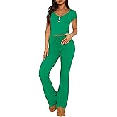 TiulZial Womens 2 Piece Pajamas Set V Neck Short Sleeve Cropped Top And Flare Long Pants PJs Outfits Ribbed Lounge Sets