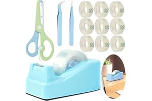XEUZK Desktop Tape Dispenser Kits with Weighted Nonskid Base Tape Dispenser- Includes 9 Rolls of Transparent Tape(0.71 Inch x 500 inches Each) & Blue Scissors, 2 Pcs Tweezers (Lake Blue)