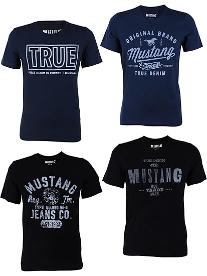 Mustang 4er Pack Herren T-Shirt mit Frontprint und Rundhalsausschnitt - Farbmix Blau und Schwarz