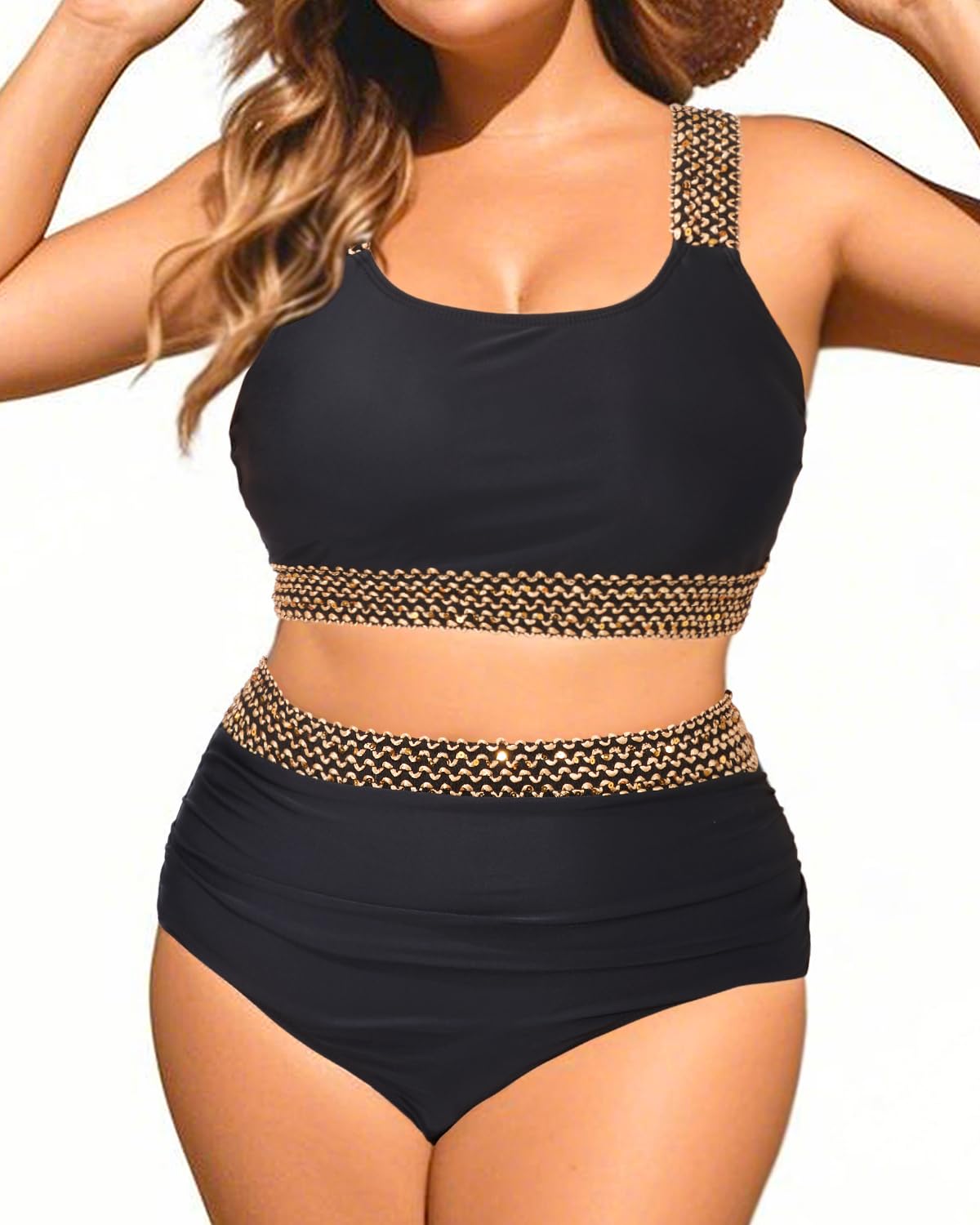 Photo 1 of Black Golden Women Two Piece Plus Size Bikini - High Waisted Swimsuits Tummy Control Bathing Suits Swimwear 2025 16W