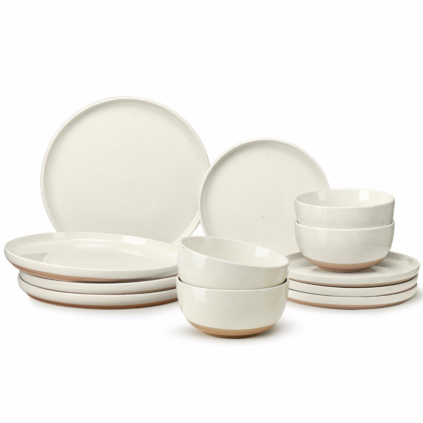 Photo 1 of 12 Pieces Farmhouse Stoneware Dinnerware Sets, Speckled Ceramic Plates and Bowls Set, Matte Terracotta Underside Ceramic Dishes Set for 4, Scratch Resistant Microwave & Dishwasher Safe (Amber Dusk)