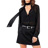 Prettywear Womens Sheer Long Sleeve Tops Sexy Mesh Going Out Blouse V Neck Shirt with Neck Tie