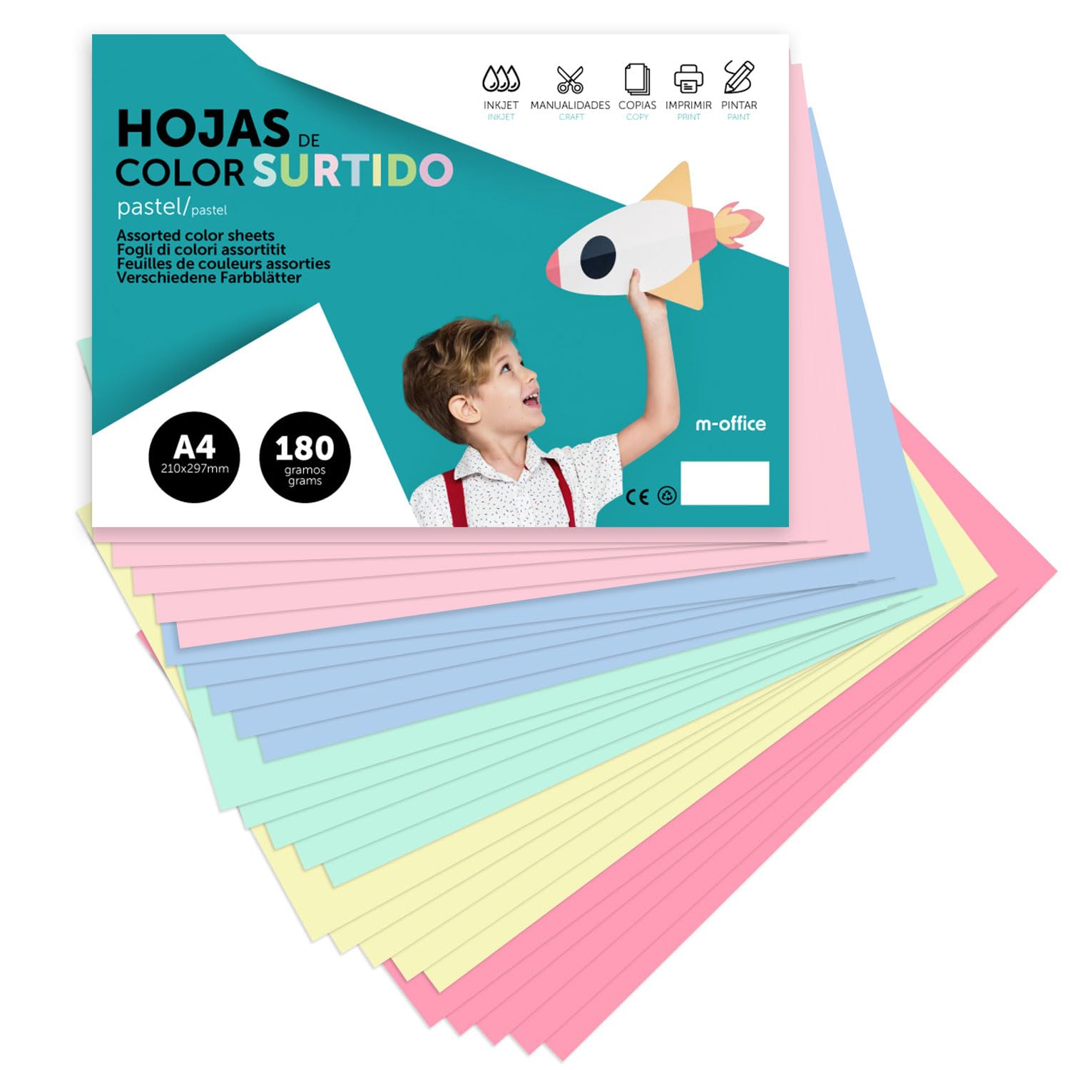 A4 Assorted Pastel Colour Card 180g for Crafts, Printing Documents and Creative Designs Colour Foils A4 m-office (x250 Pastel Assortment)