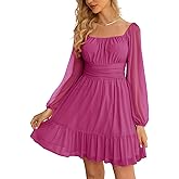 Wenrine Women's Mesh Long Sleeve Square Neck Dress High Waist A Line Ruffle Hem Flowy Casual Party Mini Dress