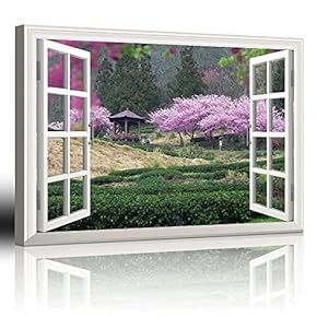 Modern White Window Looking Out Into a Japanese Garden with Cherry Blossom Trees and a Kiosk - Canvas Art Home Art - 24x36 inches