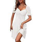 Wenrine Womens Summer Short Puff Sleeve Mini Dresses Drawstring Sweetheart Neck Casual Slim Flowy Dress Sundress