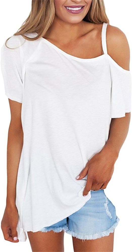 Pxmoda Women's Causal Cold Shoulder T Shirts Asymmetrical Hem Comfy Flattering Tunic Tops