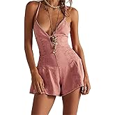 TUWIXIUW Women Denim Shorts Romper Sleeveless V Neck Backless Flared Wide Leg Tie One Piece Short Jumpsuit Jeans Overalls