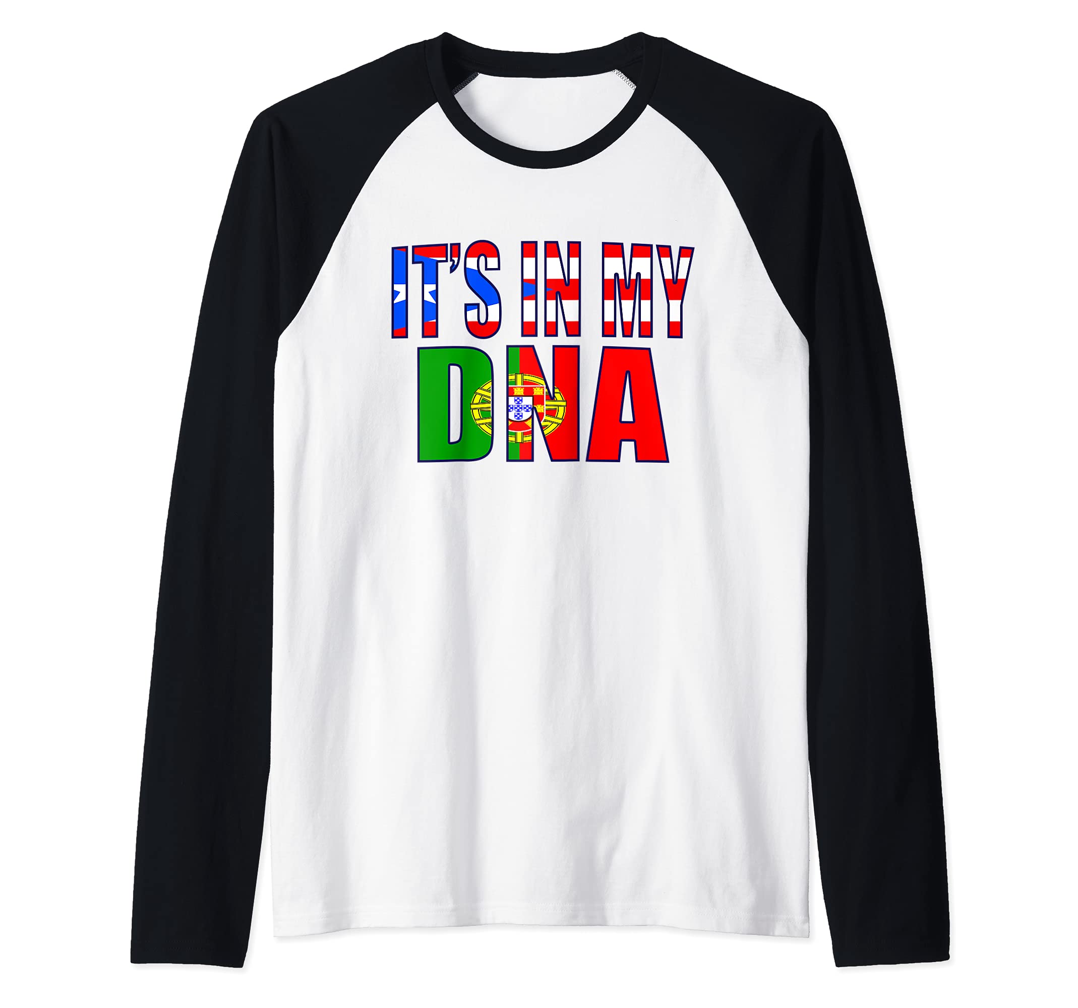 Puerto Rican And Portuguese Mix DNA Flag Heritage Raglan Baseball Tee