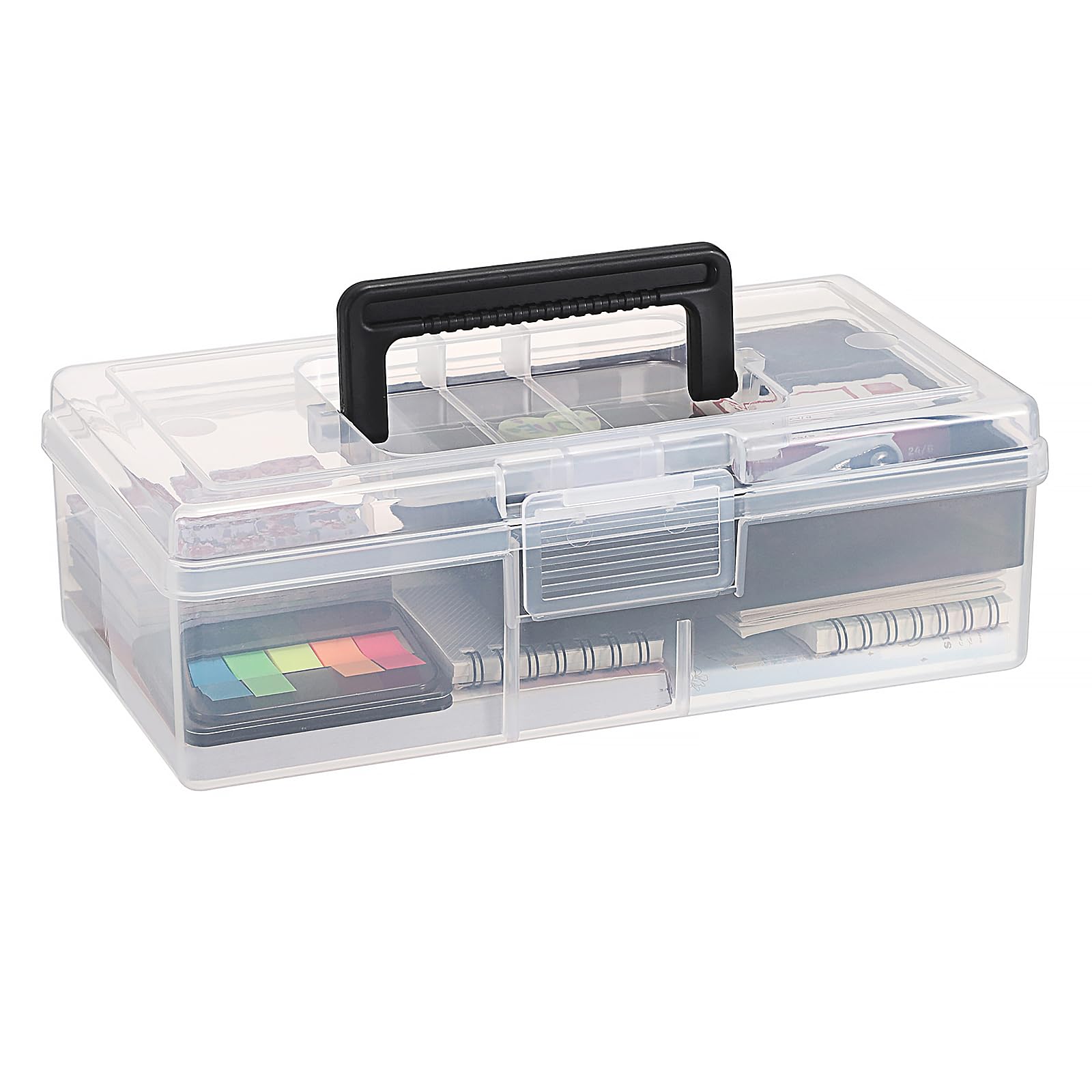 IGNPION Clear Craft Stackable Storage Box with Storage Tray Plastic 5-compartment Mulit Purpose Storage Organiser Container for Arts Crafts, Stationery, Sewing, Tackle, Nail Art (Medium, Black)