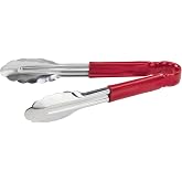 Winco 9" Red Plastic Stainless Steel Serving Tongs | Color coded, Scalloped edges, Restaurant service, Great for Salads and Buffets