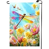 Spring Daffodil Garden Flags 12x18 Double Sided, Small Burlap Outdoor Dragonfly Garden Flag Spring Summer Decorations for Outside Home
