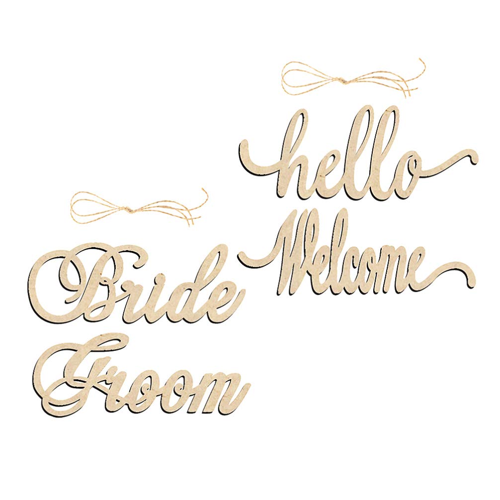 Amosfun 4pcs Wood Wedding Chair Signs Wooden Hello Welcome Bride Groom Letters Cutout Piece Rustic Gift Tag Ornament For Wedding Party Hanging Display Decor