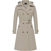 CREATMO US Women's Long Trench Coat Double-Breasted Classic Lapel Overcoat Belted Slim Outerwear Coat with Detachable Hood