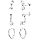 CERSLIMO Silver Stud Earrings Set for Women, 3 Pairs White Gold Plated Cartilage Earrings Sets for Multiple Piercings, Hypoallergenic Huggie Hoop Jacket Studs Cubic Zirconia Jewelry Gifts
