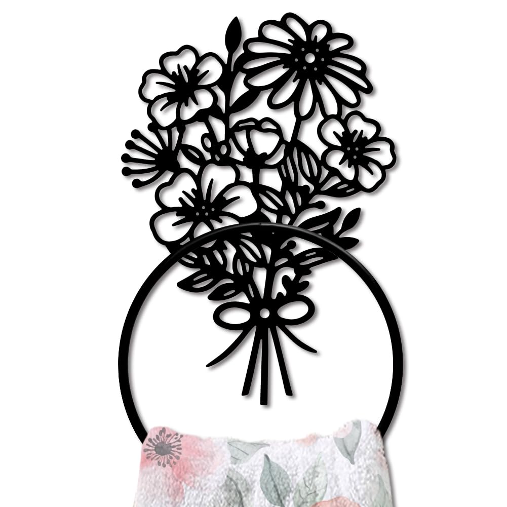 MAYJOYDIY Floral Metal Towel Ring, Wall Mounted Daisy Bouquet Design, French Country Style Home Decor for Bathroom Kitchen