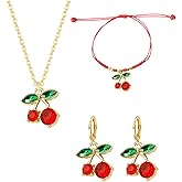 Dreuyet Sweet Simulated Fruit Jewelry Sets for Women Fashion Red Strawberry Cherry Hoop Earrings Charming Handmade Braided Rope Cherry Pendant Bracelet Summer Holiday Gifts