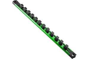Reniteco Magnetic Socket Organizer, 1-Piece Heavty Duty Aluminum Socket Holder, Socket Rail for Tool Box, Premium Quality 360° Swivel Socket Rack with 12 Clips for 1/2-Inch(Green)