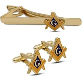 Masonic Craft Mason Square and Compass Blue Gold Metal Cuff Links and Tie Clip Set