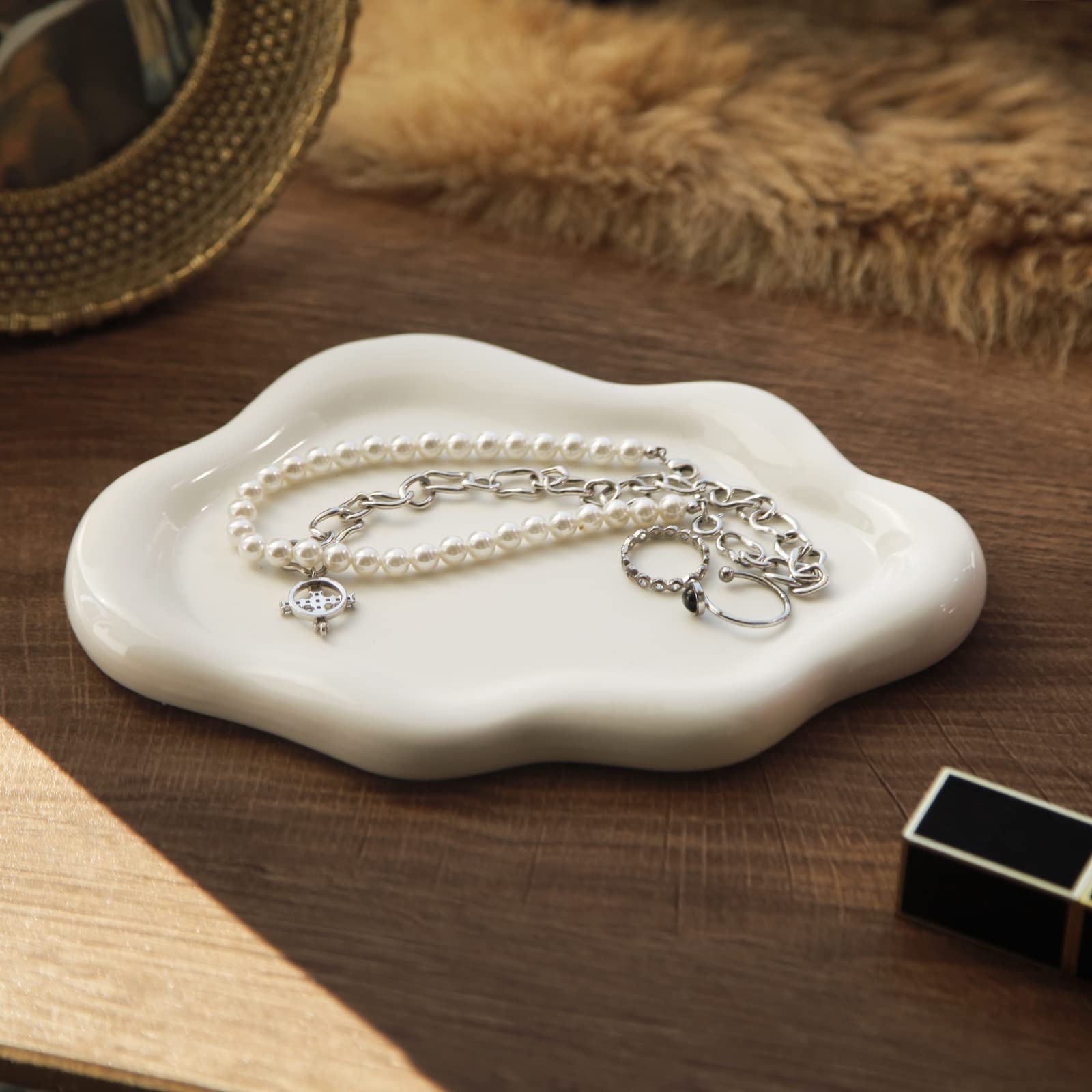 Jewelry Dish Trinket Tray for Women, Ring Dish Holder, Unique Cloud Shape Ceramic Plate Cute Things Vanity Aesthetic Room Decor Mother's Day Birthday (White)