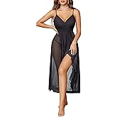Avidlove Lingerie For Women Lace Babydoll Chemise Long Mesh Nightgown Faux Wrap V Neck Sleeveless Ruffle Hem Midi Dress