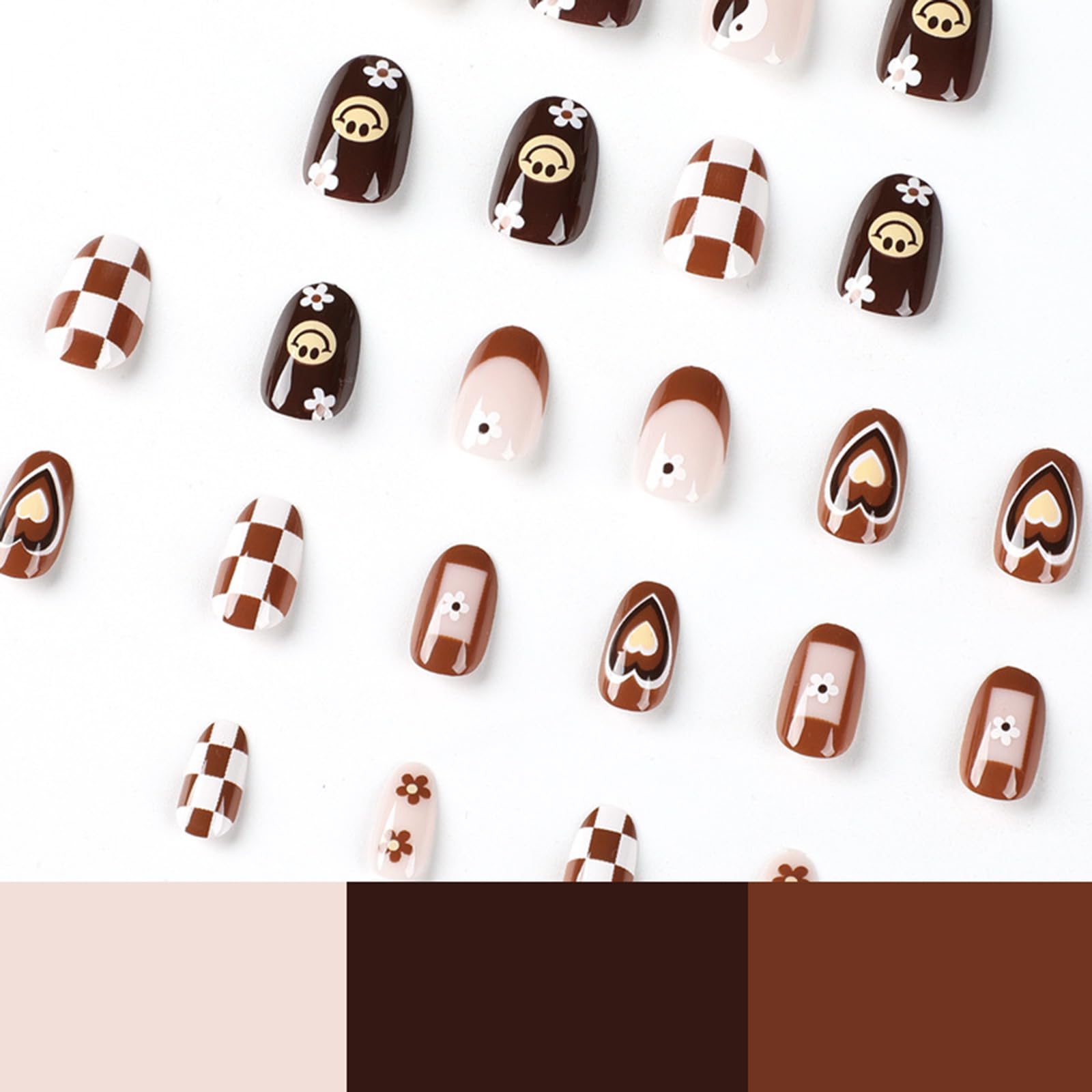 Fall Press on Nails Short Almond Fake Nails Brown French Tip False Nails with Designs Cute Flowers Hearts Acrylic Nails Full Cover Round Head Brown Glue on Nails for Women Girls Autumn Nail Art - Image 3