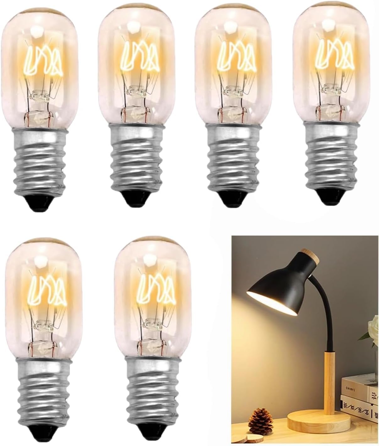 6PCS Salt Lamp Bulb, E14 15W Small Screw Salt Lamp Bulbs Dimmable T20 Tubular Bulb Small Edison Screw Replacement Plug in Wax Melt Burner Bulbs for E14 Pygmy Sewing Machine Light Fridge Bulb (6)