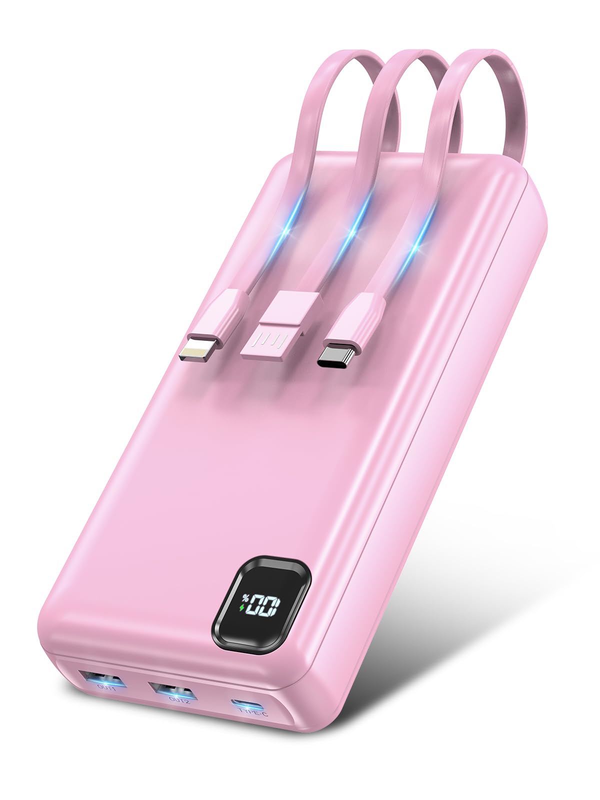Nacete Portable Charger Power Bank 50000mAh Built-in Cables, PD 20W Fast Charging Large Capacity Battery Pack, 5 Output 2 Input LED Display Powerbank Compatible with Phone (Pink)