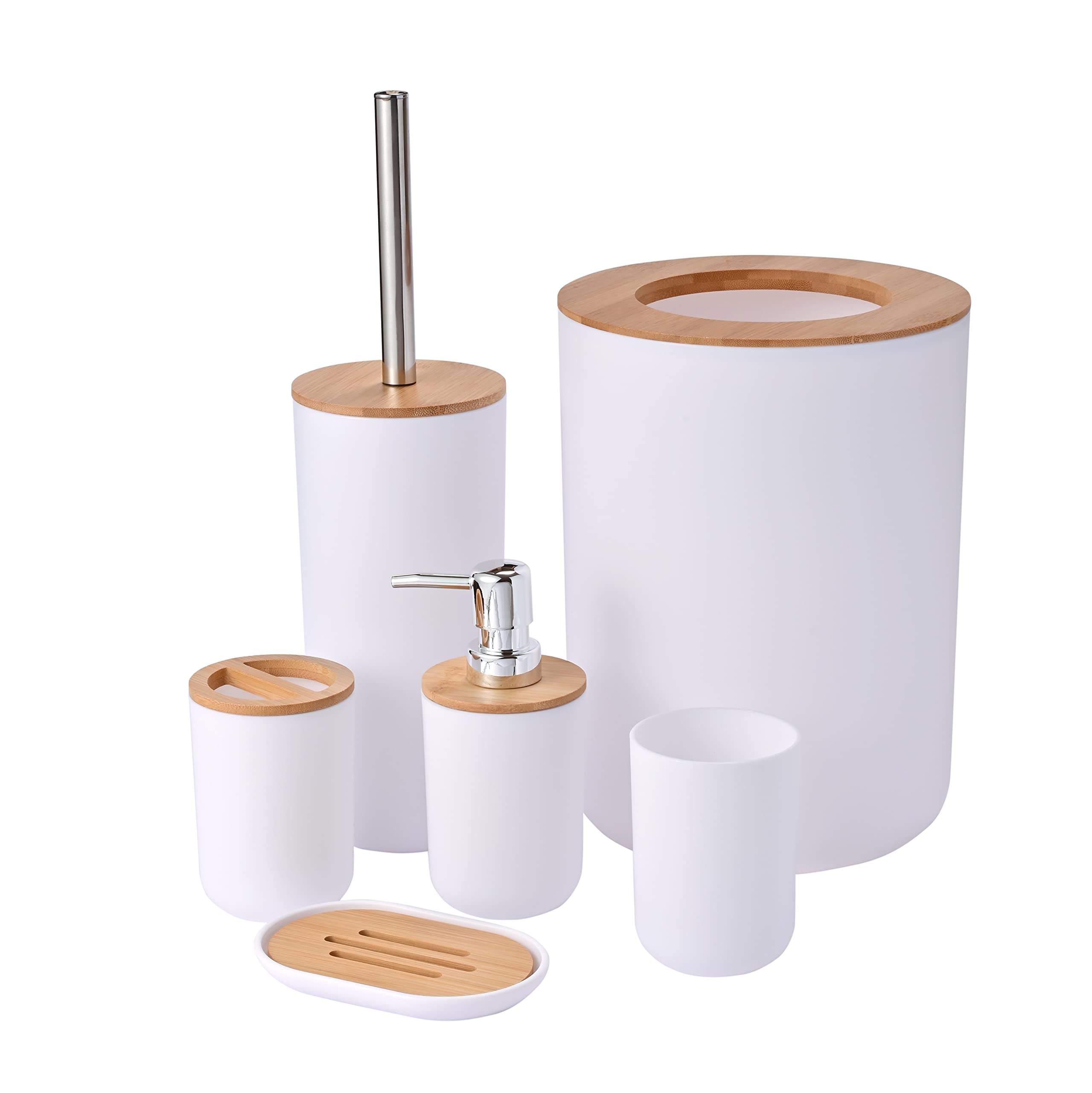 Yorkmills Bamboo Bathroom Accessories, 6 Pieces White Bathroom Accessory set, Bathroom Bin Toilet Brush Set, Durable Toothbrush Holder Cup, Soap Dispenser With Pump, Soap Dish Holder, Modern Trash Can