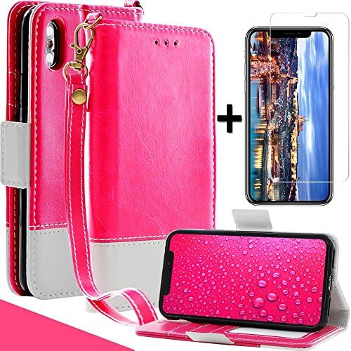 iPhone X Flip Wallet Case with Tempered Glass, Flexible Slim Fit Anti-Shock Inner Case, Wireless Charging, Kickstand, Card Slot, Mefon Magnetic Folio Leather Cover for Apple 5.8 inch iPhone 10 (Pink)