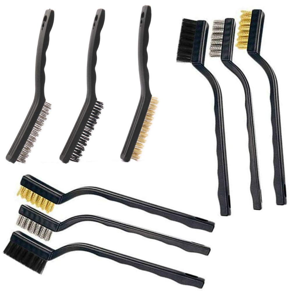 9 Pieces Grout Cleaning Brush Set 7 inch and 9 inch Stainless Steel Brass and Nylon Grout Brush Wire Brush Set for Cleaning Welding Slag, Rust and Dust