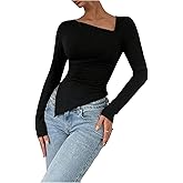 Floerns Women's Asymmetrical Neck Tops Long Sleeve Hanky Hem Fall Outfit Slim Fit Casual T Shirts