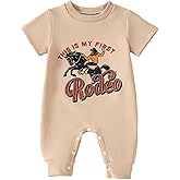 BOIZONTY One-Piece Baby Bodysuit Outfit This is My First Rodeo Letter Print Romper Jumpsuit Newborn Funny Cowboy Clothes