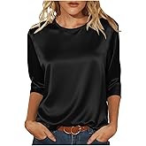 Blouses for Women Dressy Casual 3/4 Sleeve Shirts Satin Blouse Business Office Pullover Shirt Crewneck T-Shirt Tops