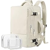 Hanples Travel Backpack for Women Men Large Carry On Person Item Flight Approved 17 In Laptop Backpack Waterproof anti theft Casual Luggage with 2 Toiletry Bag(Beige)