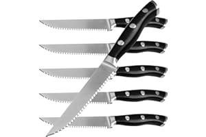 Alata 6-Piece Steak Knives Set, Stainless Steel Steak Knife Set with Serrated Edge, Razor-Sharp, Full-Tang Construction, Dish